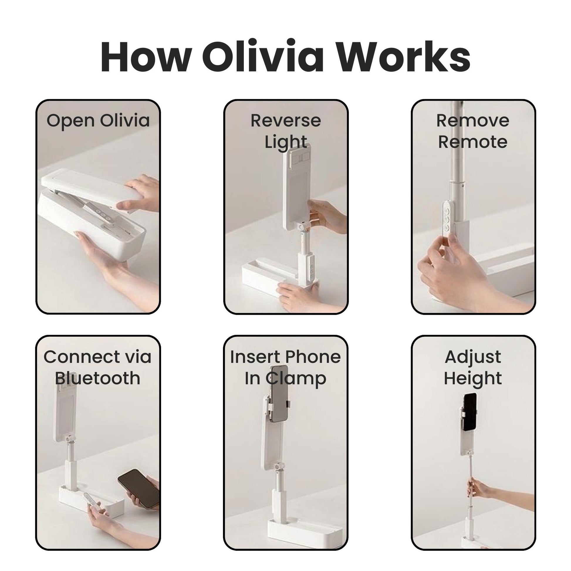 Olivia Overhead Phone Stand Tripod With Light How It Works