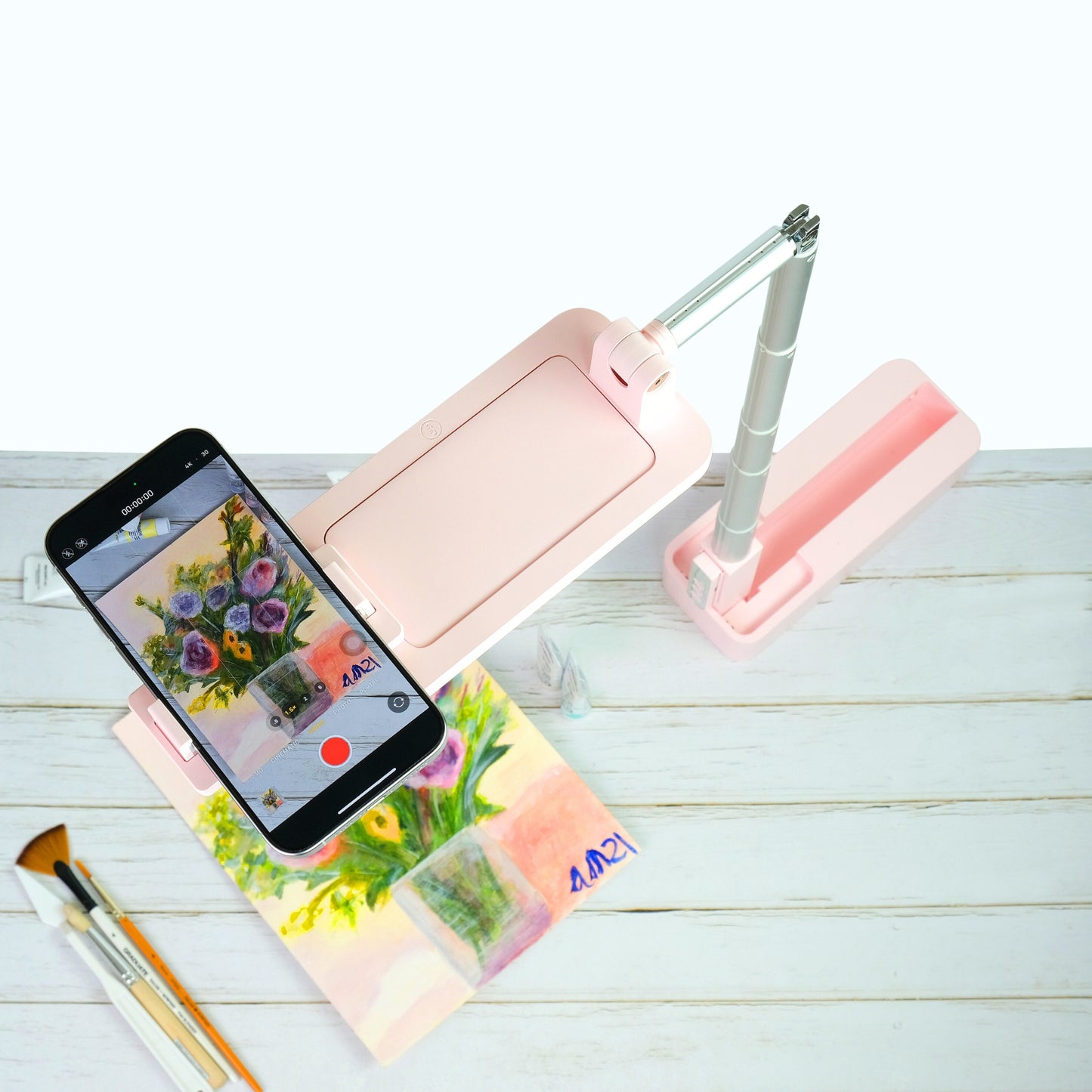 Olivia Overhead Phone Stand Tripod With Light Pink Overhead with art